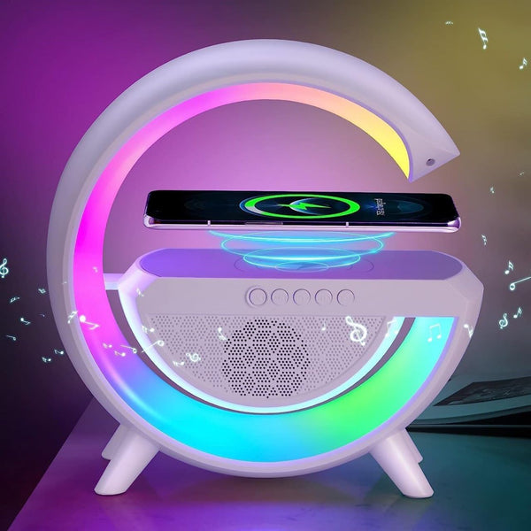 G-Shape LED Lamp with Bluetooth Speaker & Wireless Charging – 3-in-1 RGB Night Light with Touch Control, Alarm Clock, and Fast Phone Charging