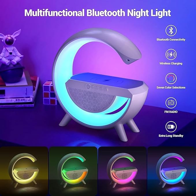 G-Shape LED Lamp with Bluetooth Speaker & Wireless Charging – 3-in-1 RGB Night Light with Touch Control, Alarm Clock, and Fast Phone Charging