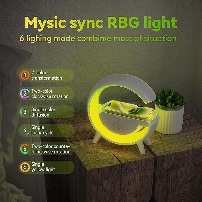 G-Shape LED Lamp with Bluetooth Speaker & Wireless Charging – 3-in-1 RGB Night Light with Touch Control, Alarm Clock, and Fast Phone Charging