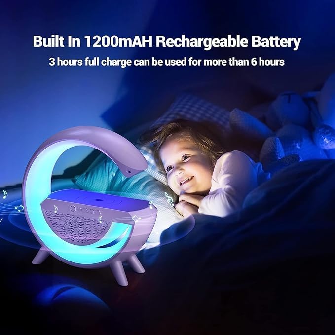 G-Shape LED Lamp with Bluetooth Speaker & Wireless Charging – 3-in-1 RGB Night Light with Touch Control, Alarm Clock, and Fast Phone Charging