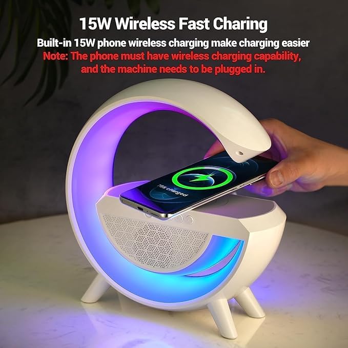 G-Shape LED Lamp with Bluetooth Speaker & Wireless Charging – 3-in-1 RGB Night Light with Touch Control, Alarm Clock, and Fast Phone Charging