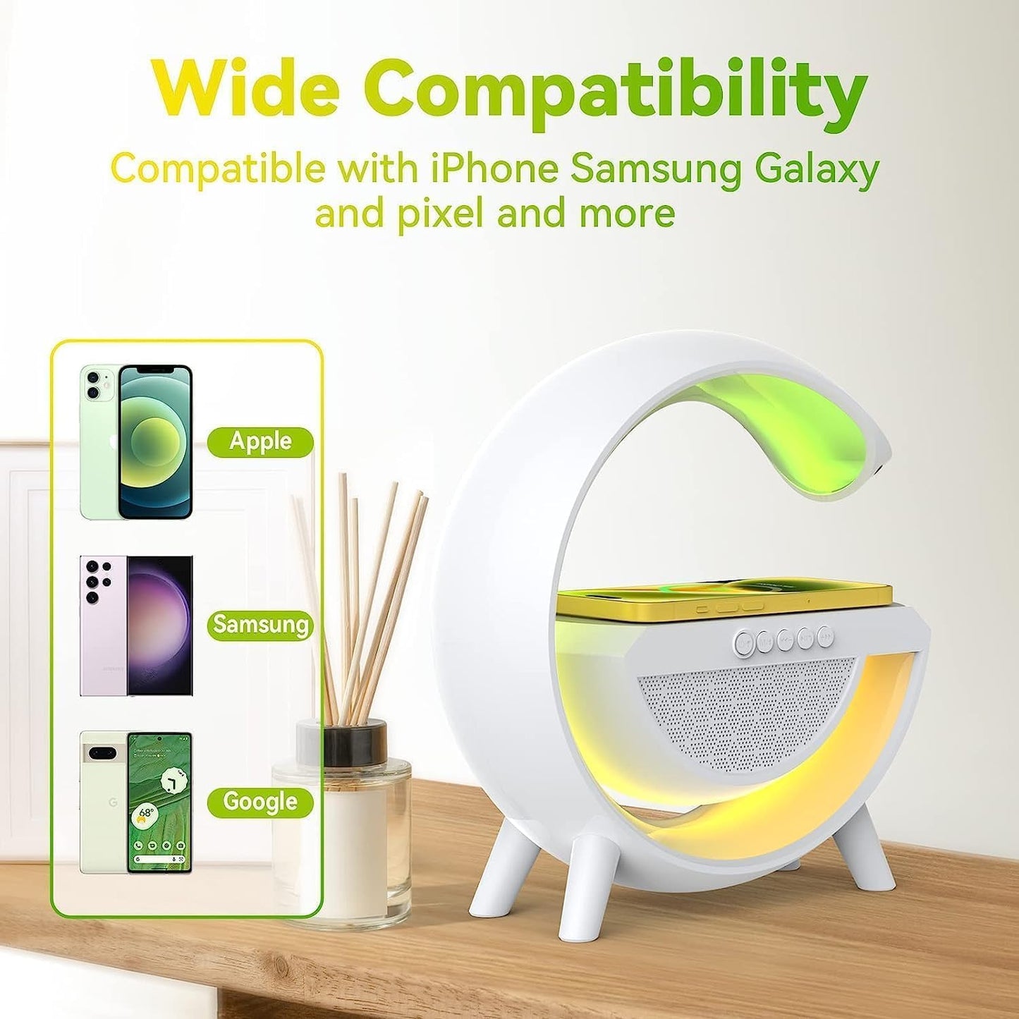 G-Shape LED Lamp with Bluetooth Speaker & Wireless Charging – 3-in-1 RGB Night Light with Touch Control, Alarm Clock, and Fast Phone Charging