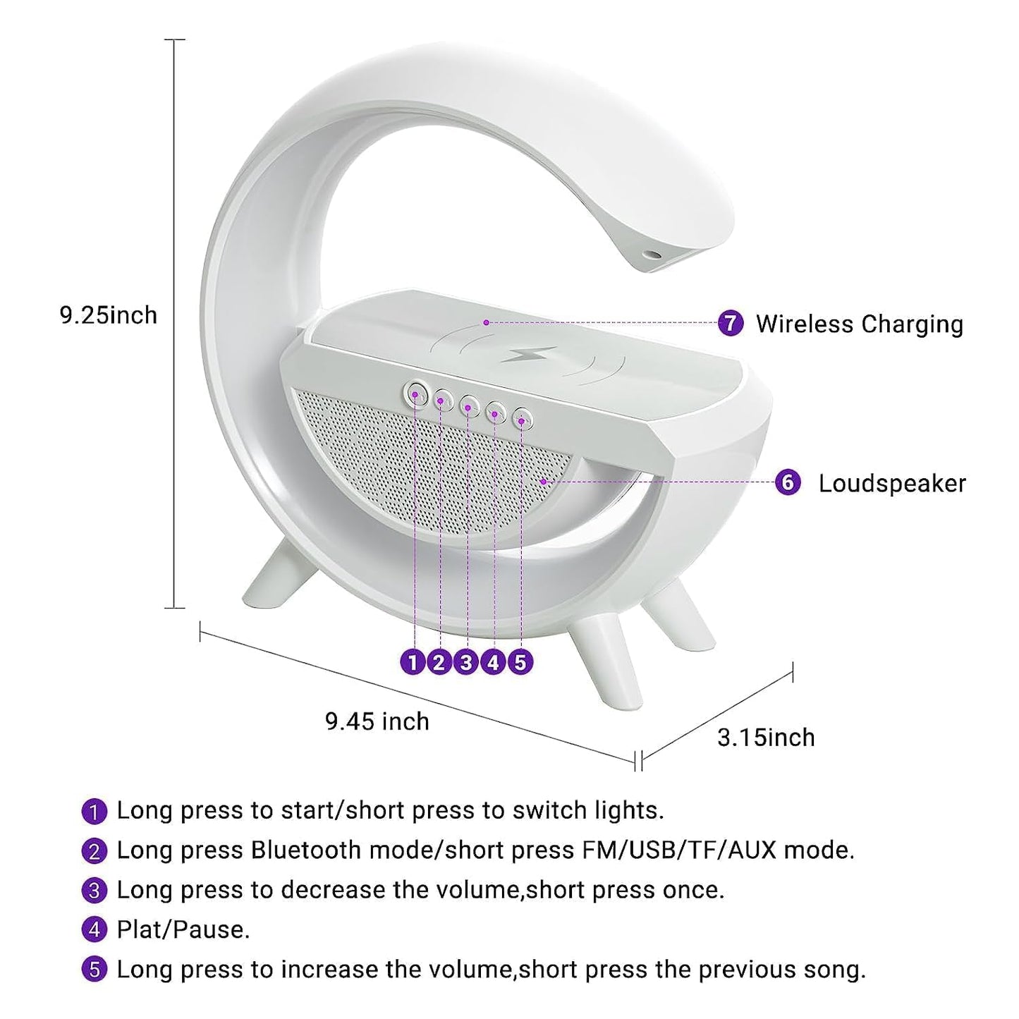 G-Shape LED Lamp with Bluetooth Speaker & Wireless Charging – 3-in-1 RGB Night Light with Touch Control, Alarm Clock, and Fast Phone Charging
