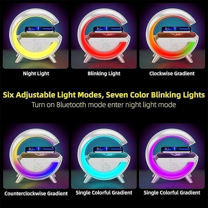 G-Shape LED Lamp with Bluetooth Speaker & Wireless Charging – 3-in-1 RGB Night Light with Touch Control, Alarm Clock, and Fast Phone Charging