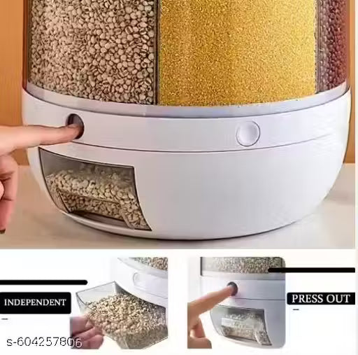 6-Grid Rotating Food Dispenser - Stackable Cereal, Rice, and Grain Storage Container with Measuring Cup